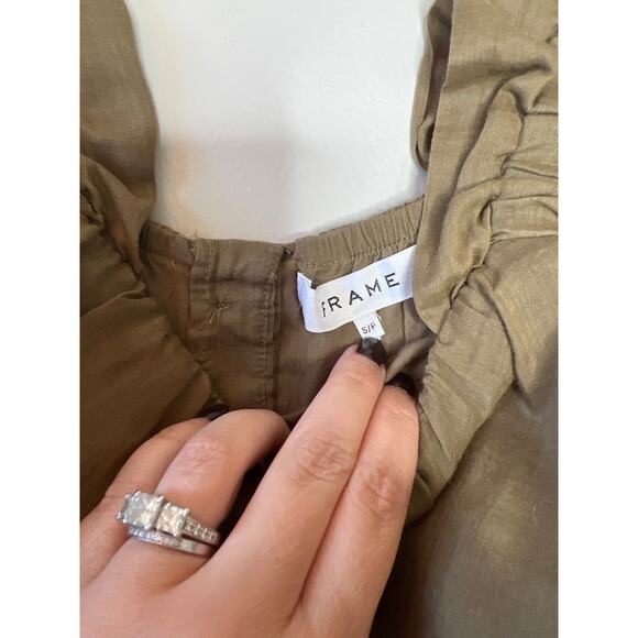 NEW FRAME Ruffle Strap Tank Square Neck Back Button Top Moose Green Size: Small - Picture 4 of 7